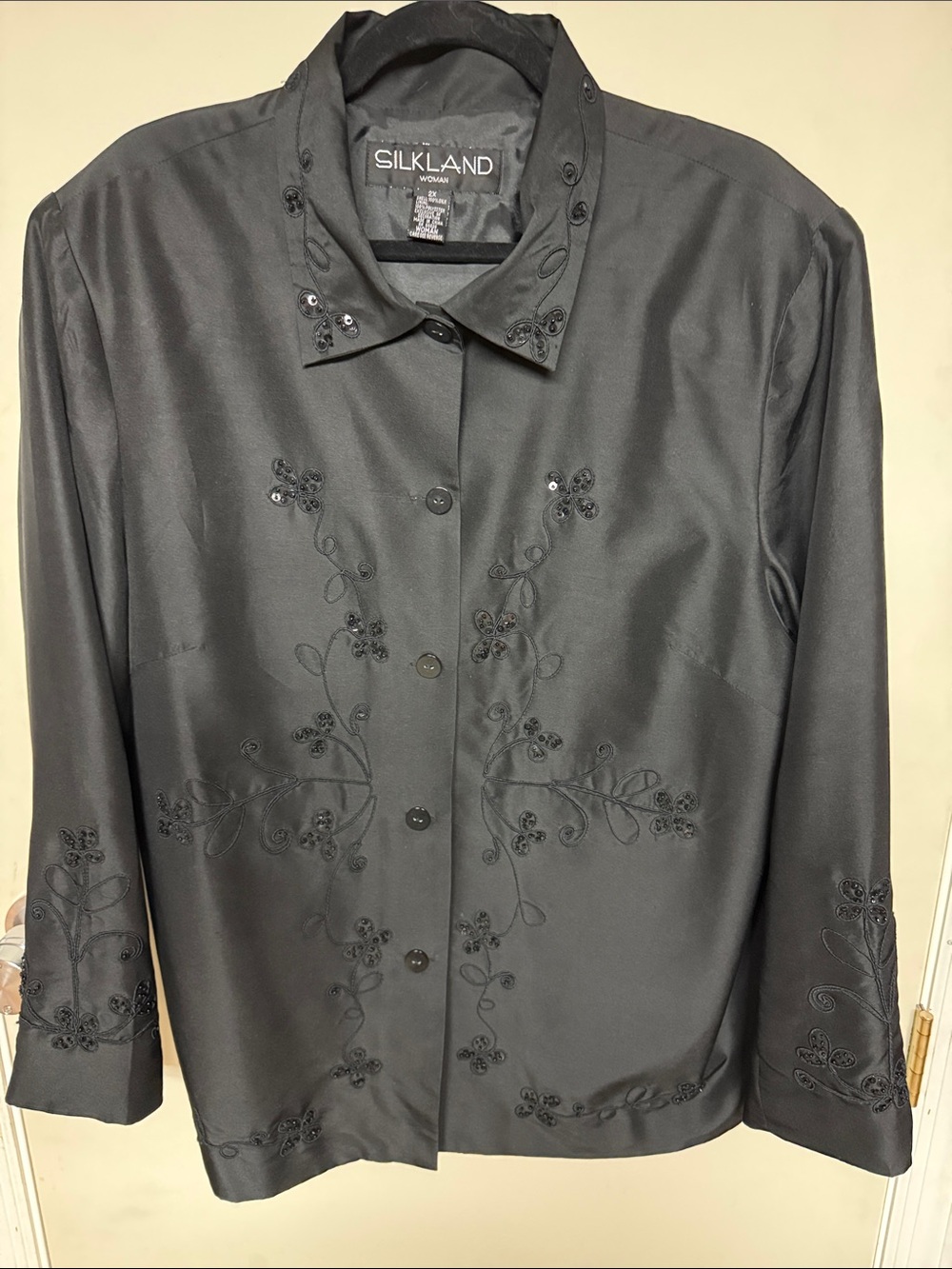 SilkLand Black Silk Embroidered Button-Down Shirt
